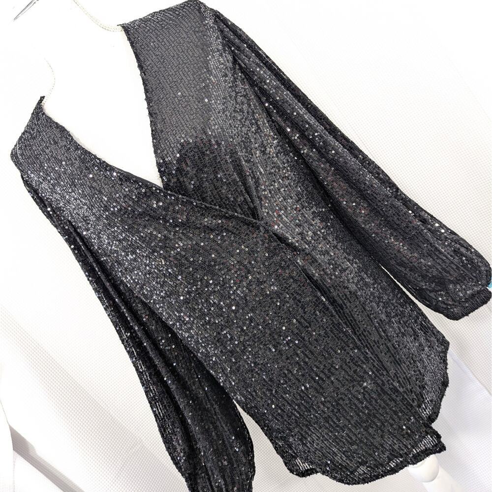 MABLE! GLAM WRAP FRONT, DRAPEY BLACK W/MINI SEQUINS, LINED SHIRT JACKET! SZ S